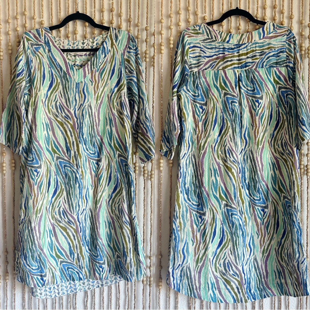 Soft Surroundings Cotton Half Sleeve Striped Abstract Midi V Neck Boho Beachcore